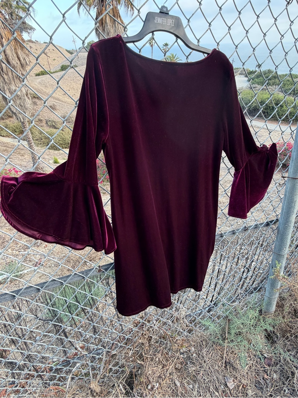 MSK Wine Velvet Long-Sleeve Bell-Sleeve Dress